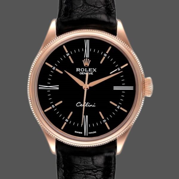 Rolex Cellini Time 50505 Black Leather Strap Black Dial 39mm Mens Replica Watch