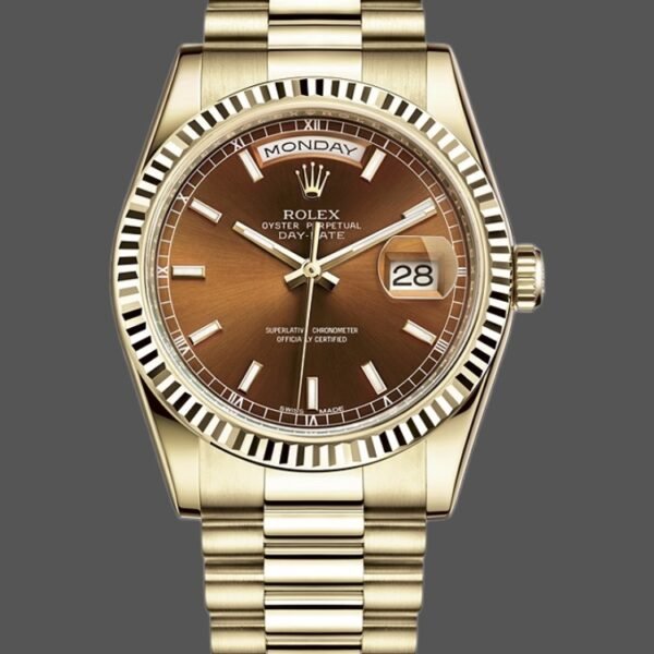 Rolex Day-Date 118238 Yellow Gold Index Cognac Dial 36mm Unisex Replica Watch