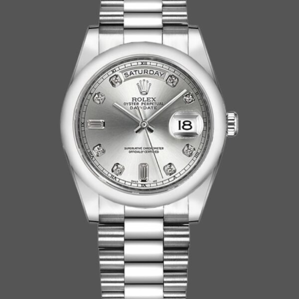 Rolex Day-Date 118206 Silver Diamond Dial Platinum 36mm Unisex Replica Watch