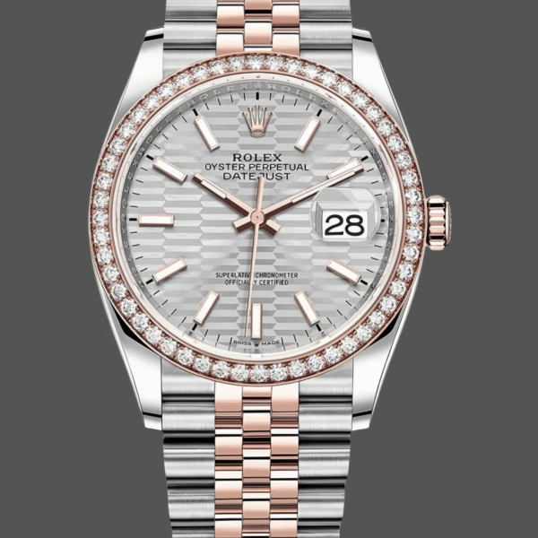 Rolex Datejust 36 Steel & Everose Gold Silver Fluted-Motif Dial Diamond Bezel M126281RBR 0021 Women's Watch