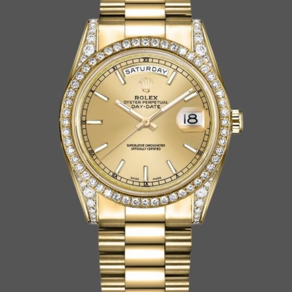Rolex Day-Date 118388 Diamond Bezel Champagne Index Dial 36MM Unisex Replica Watch