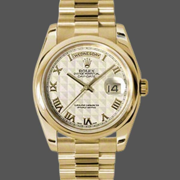 Rolex Day-Date 118208 Yellow Gold Roman Numeral Pyramid Ivory Dial 36mm Unisex Replica Watch