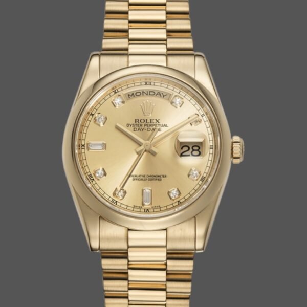 Rolex Day-Date 118208 Yellow Gold Champagne Diamond Dial 36mm Unisex Replica Watch