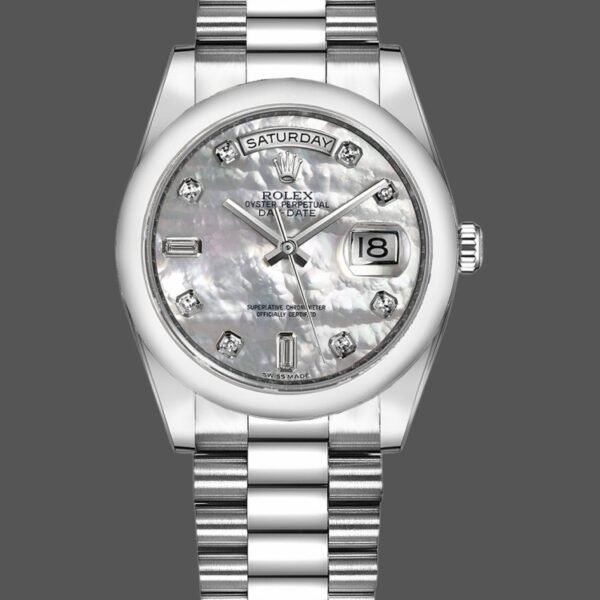 Rolex Day-Date 118206 Platinum White Mother of Pearl Diamond Dial 36mm Unisex Replica Watch