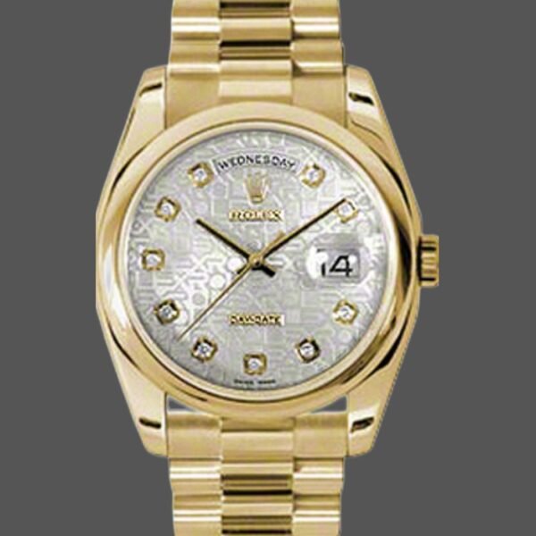 Rolex Day-Date 118208 Silver Diamond Jubilee Dial Yellow Gold 36mm Unisex Replica Watch