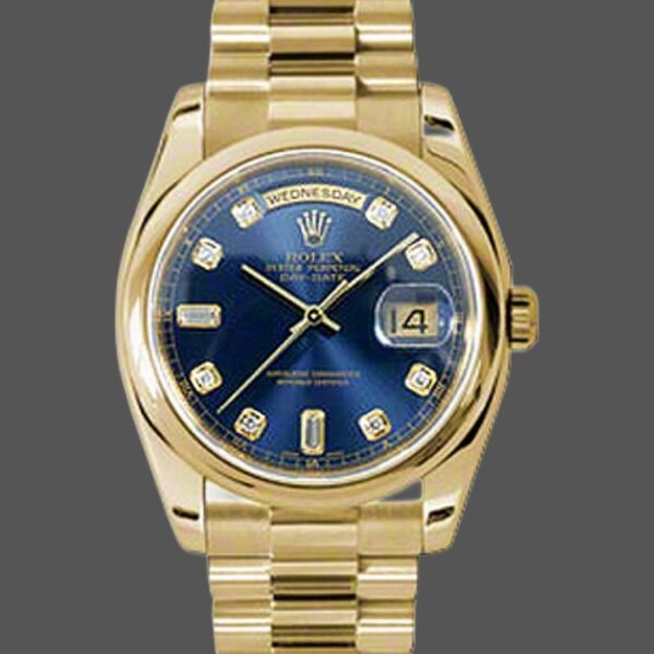 Rolex Day-Date 118208 Yellow Gold Blue Diamond Dial 36mm Unisex Replica Watch