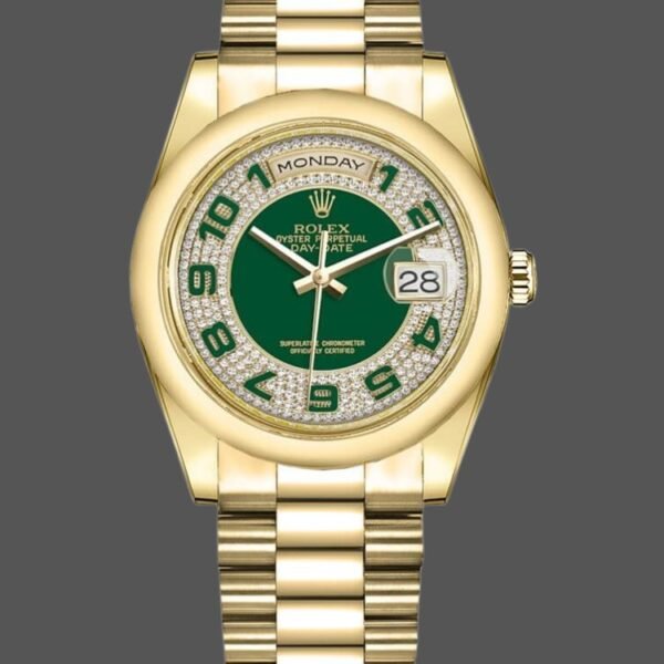 Rolex Day-Date 118208 Yellow Gold Green Diamond Paved Arabic Dial 36mm Unisex Replica Watch