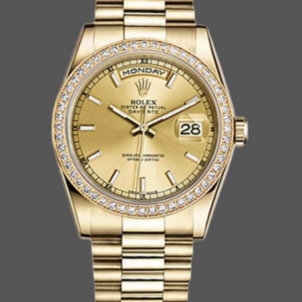 Rolex Day Date 118348 Champagne Index Dial Yellow Gold 36mm Unisex Replica Watch
