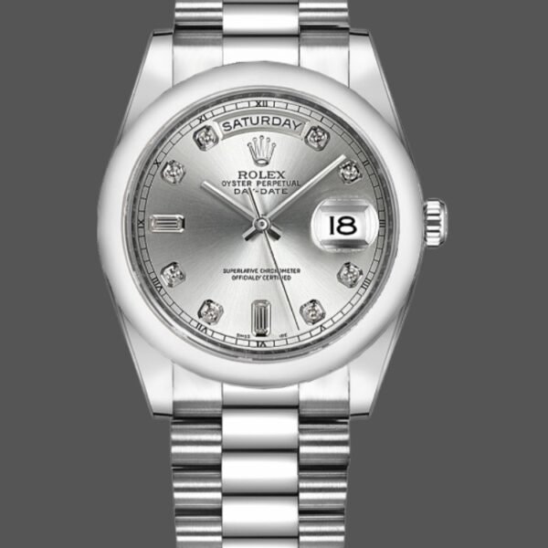 Rolex Day-Date 118209 White Gold Silver Diamond Dial Automatic 36mm Unisex Replica Watch