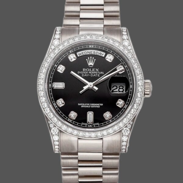 Rolex Day-Date 118389 White Gold Black Diamond Dial 36MM Unisex Replica Watch