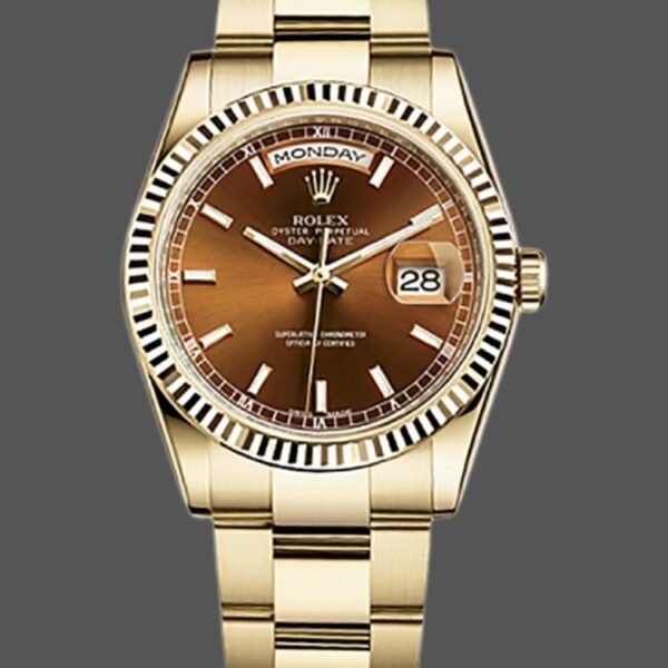 Rolex Day-Date 118238 Index Cognac Dial Fluted Bezel 36mm Unisex Replica Watch