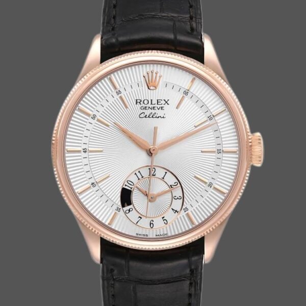 Rolex Cellini Dual Time 50525 Silver Dial Black Leather Strap 39mm Mens Replica Watch