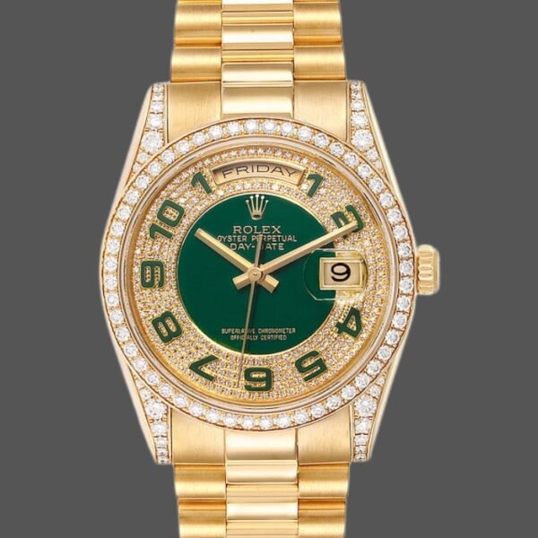 Rolex Day-Date 118388 Yellow Gold Green Enamel Diamond Dial 36MM Unisex Replica Watch