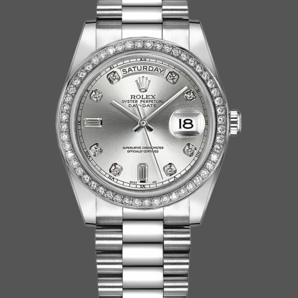 Rolex Day Date 118346 Silver Dial Diamond 36mm Unisex Replica Watch