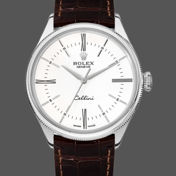 Rolex Cellini Time 50509 Brown Leather Strap White Dial 39mm Mens Replica Watch