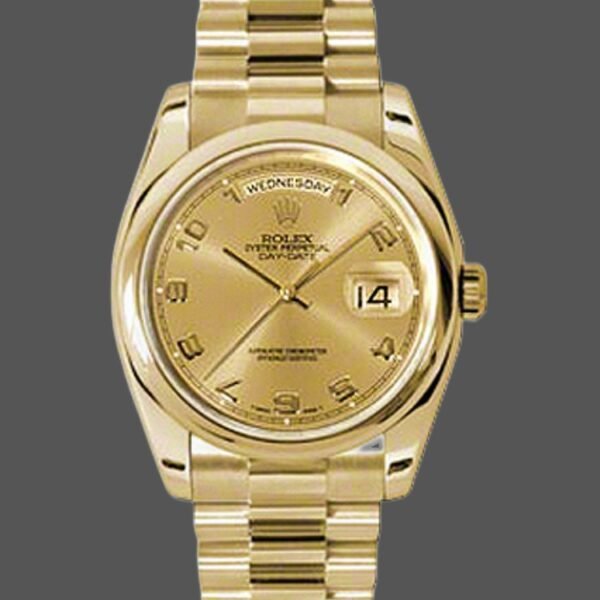 Rolex Day-Date 118208 champagne dial Arabic Numeral Hour Markers yellow gold 36mm Unisex Replica Watch