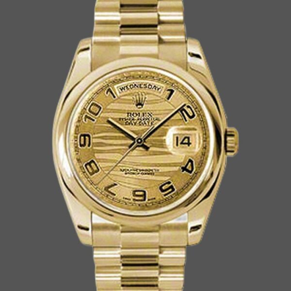 Rolex Day-Date 118208 Arabic Numeral Wave Champagne Dial 36mm Unisex Replica Watch