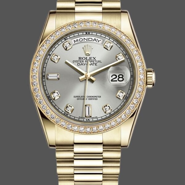 Rolex Day-Date 118348 Silver Diamond Dial 36mm Unisex Replica Watch